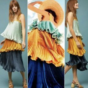 NWOT Anthropologie Guapa Pleated Tiered Midi Dress Colorblock Asymmetrical Hem